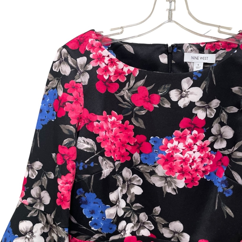 Nine West Floral Bell Sleeve Sheath Dress Black Multi Women’s Size 6 NWT - Picture 4 of 10